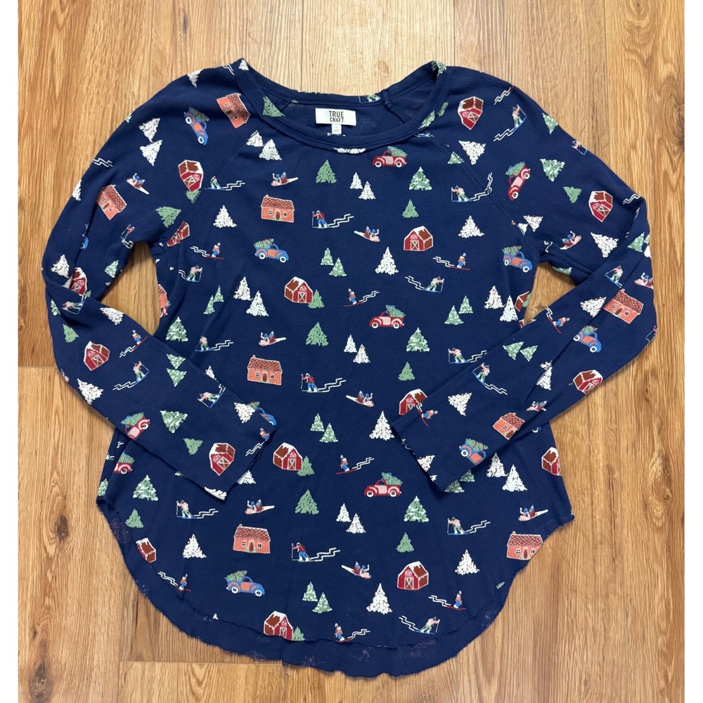 True Craft Womens Navy Blue Winter Scene Waffle Knit Raglan Top Raw Hem Small